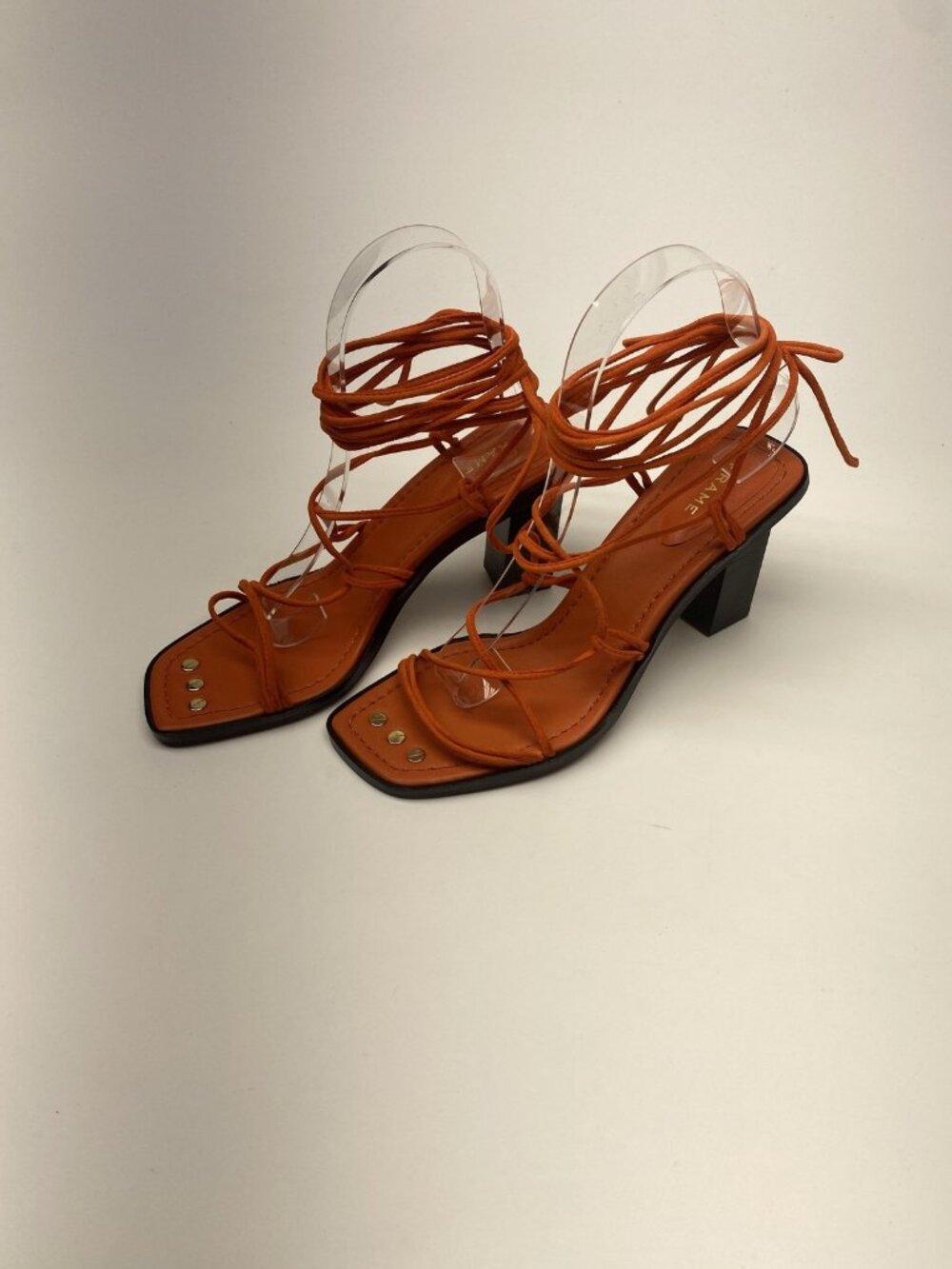 Frame Shoes Womens Size 6.5 Orange Strappy Block Heel Sandals Square Toe Lace Up